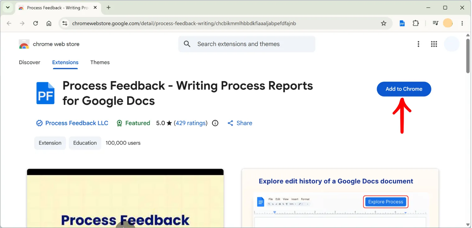 The Process Feedback listing on the Chrome Web Store with the Add to Chrome button highlighted