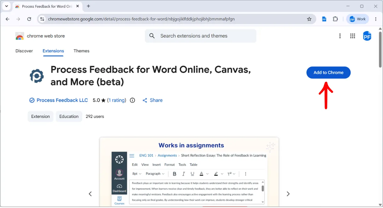The Process Feedback for Word Online, Canvas, and More (beta) listing on the Chrome Web Store with the Add to Chrome button highlighted