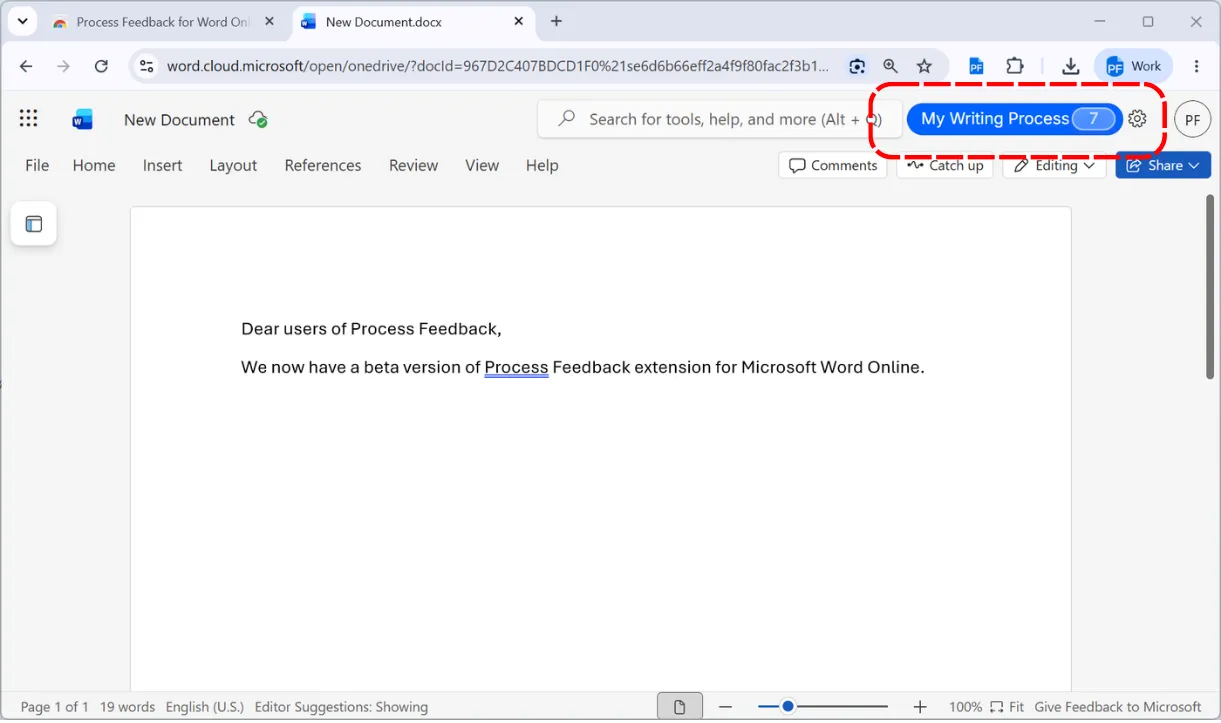 A Word Online document with the Process Feedback My Writing Process button showing a rising snapshot count