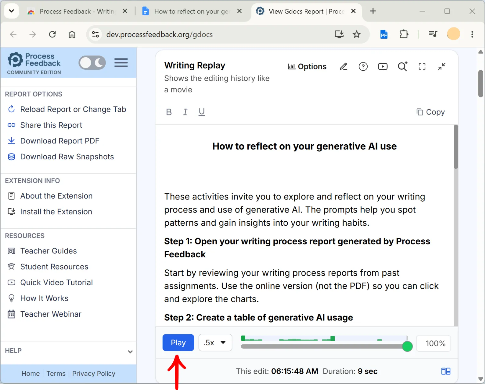 The Writing Replay section of the report with the Play button, speed selector, and activity timeline highlighted