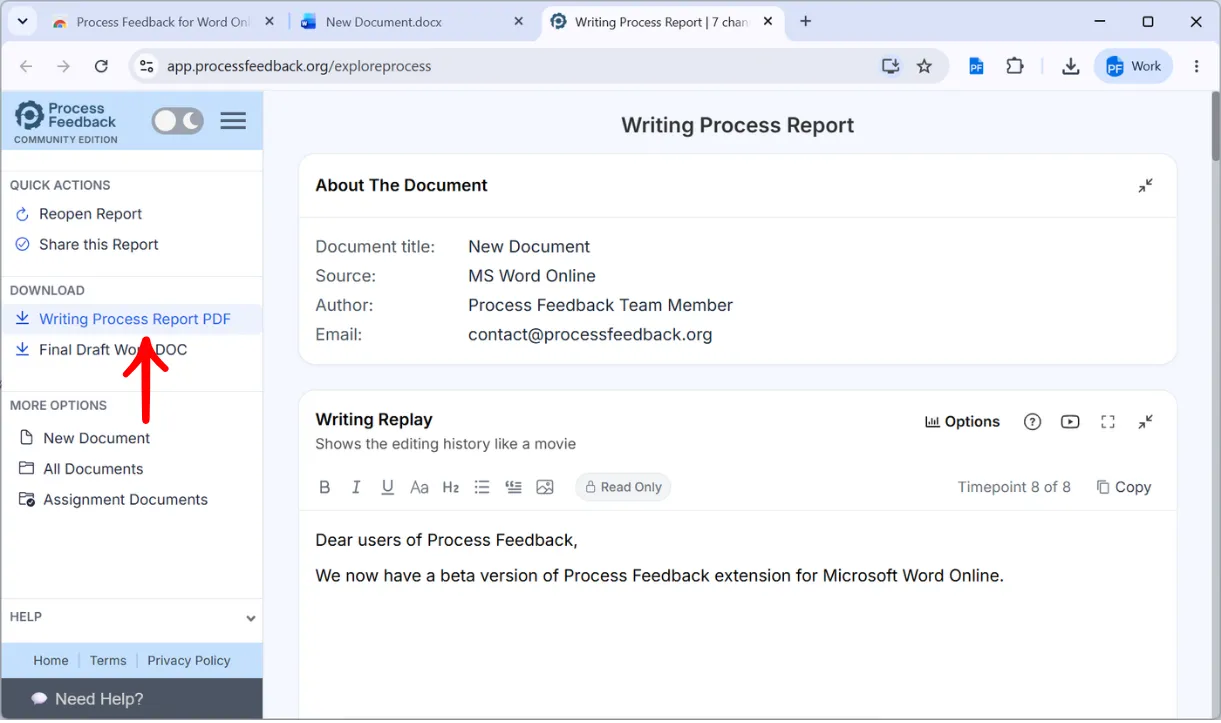 The report sidebar showing Reopen Report, Share this Report, Writing Process Report PDF, and Final Draft Word DOC options