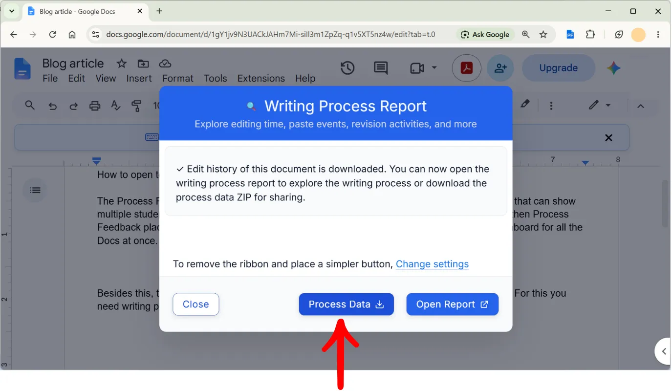 The Writing Process Report popup in Google Docs, with the Process Data button highlighted next to the Open Report button