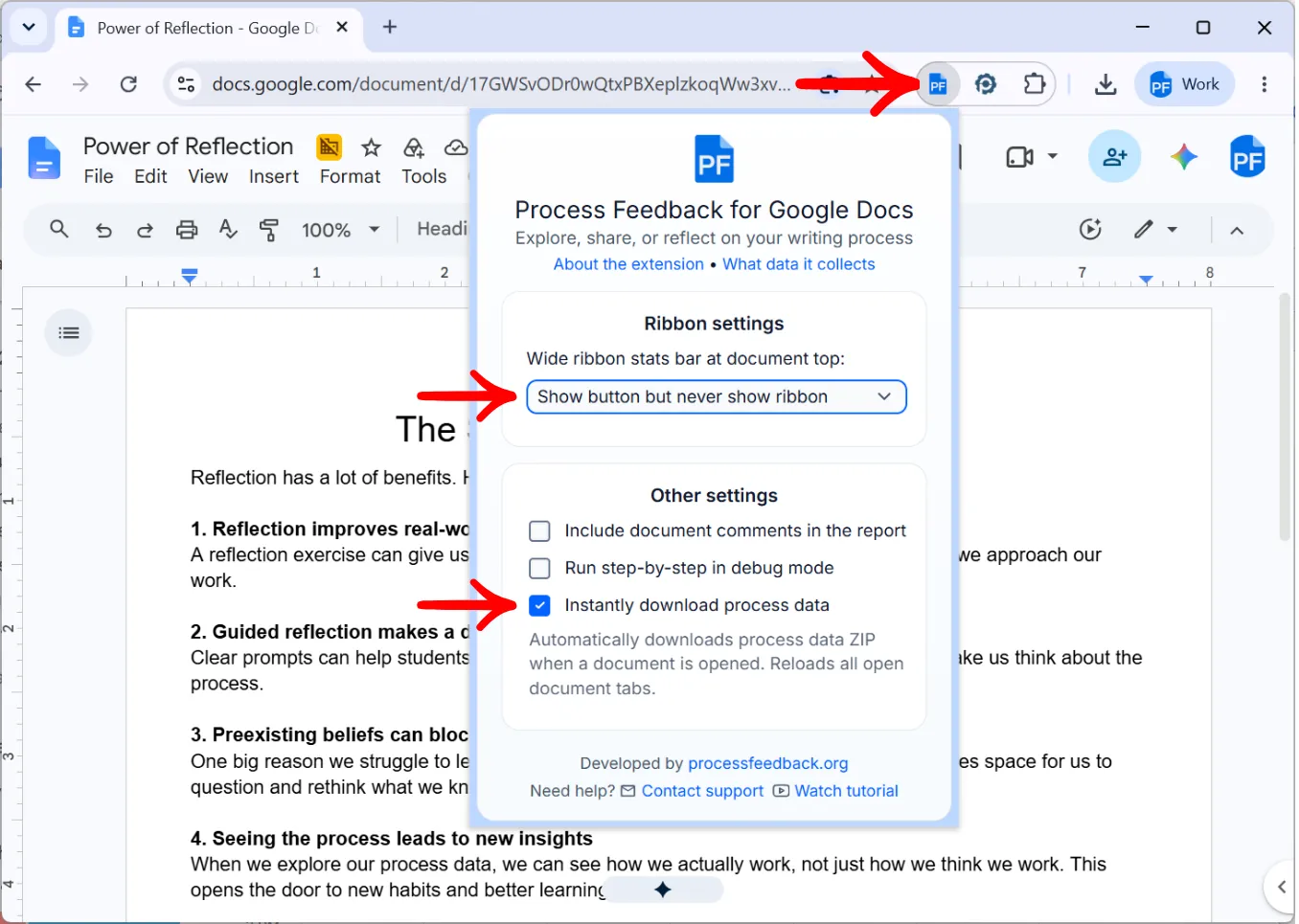 The Process Feedback for Google Docs extension settings panel, with the ribbon setting set to Show button but never show ribbon and the Instantly download process data checkbox selected