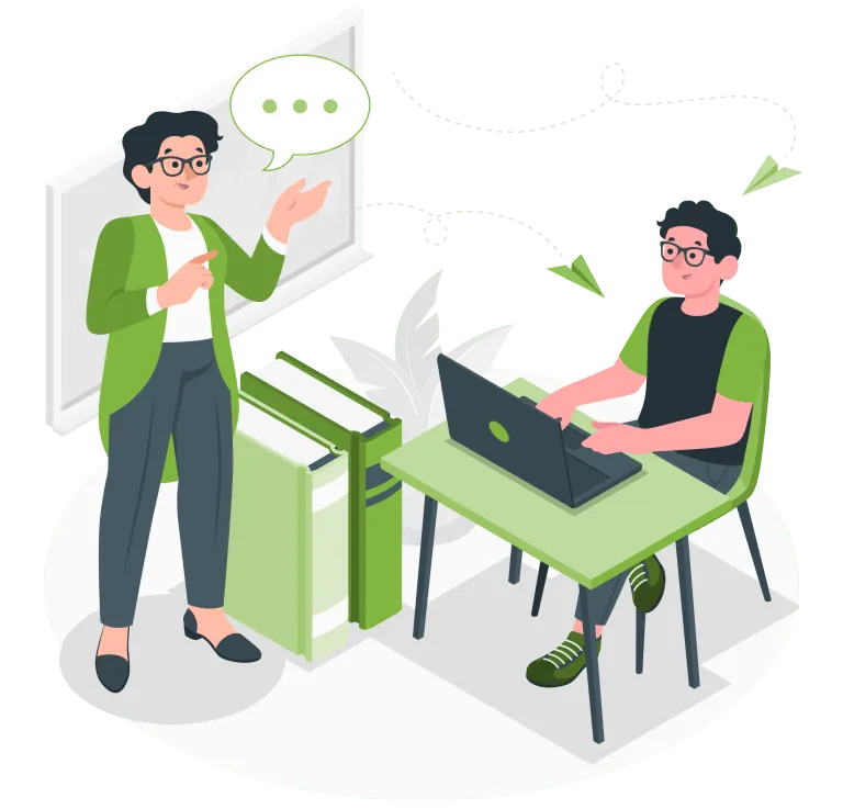 Teacher explaining on board and student listening with laptop