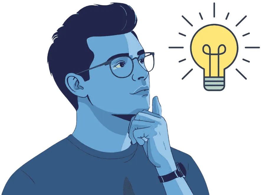 A man with hands in chin looking at a light bulb next to it. 