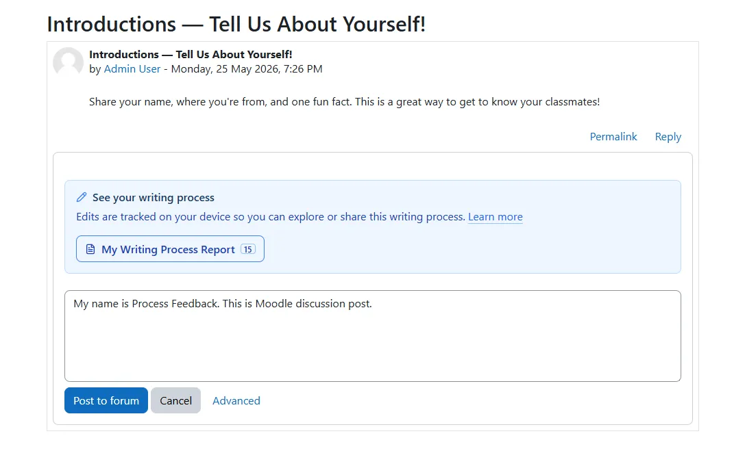 Process Feedback plugin in a Moodle discussion forum (edit mode)