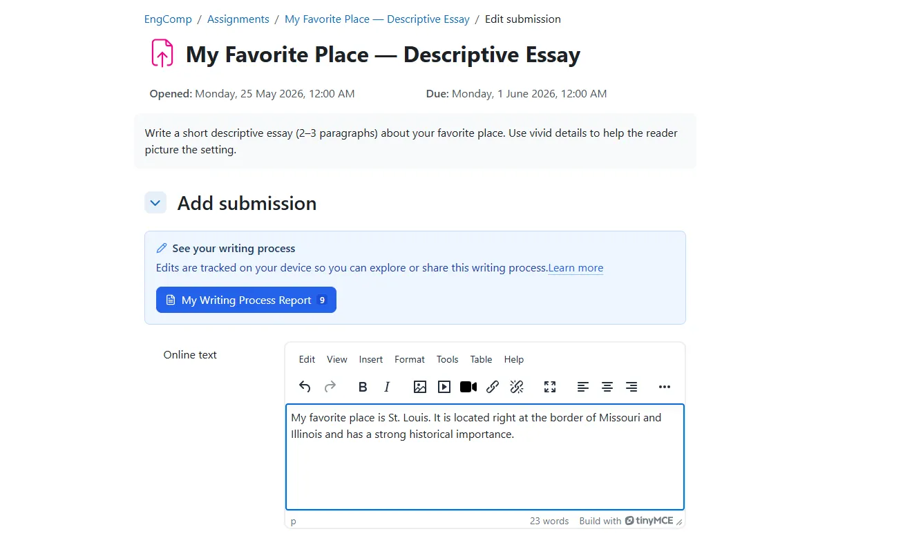 Process Feedback plugin inside a Moodle assignment submission page, showing the 'See your writing process' panel and My Writing Process Report button