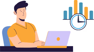 A student on a laptop with time and graph next to it. 