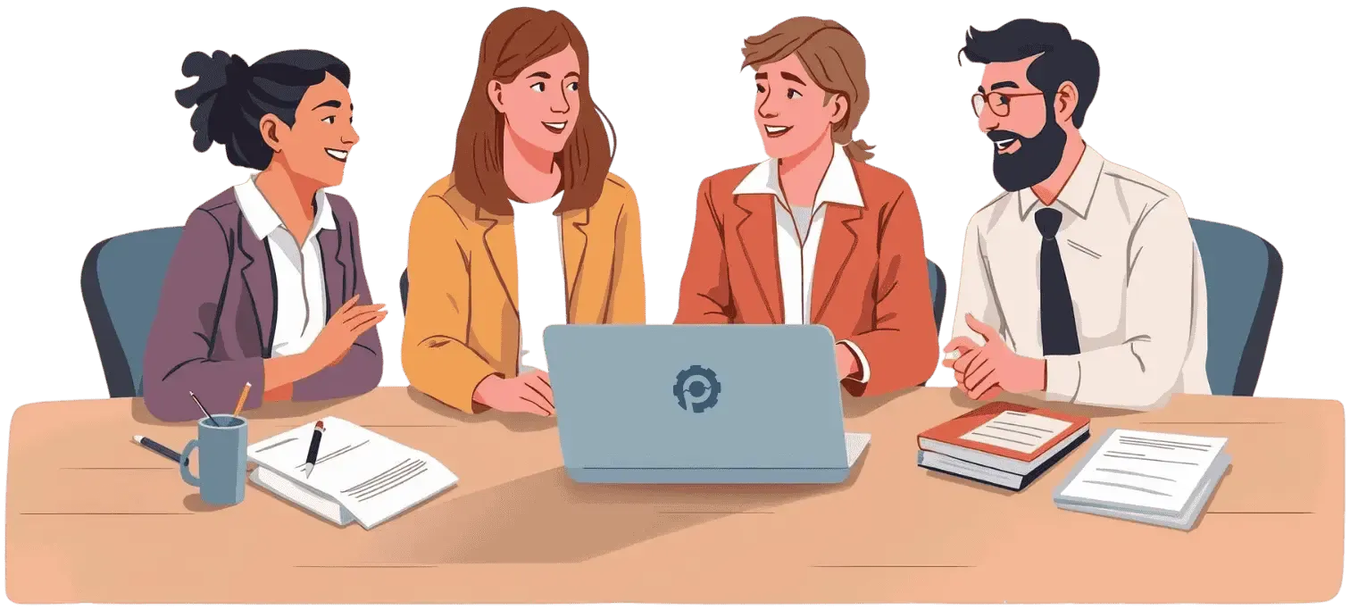 Group of teachers discussing with laptop on table. 