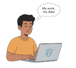 A student working on a laptop with a thinking bubble saying my work, my data.