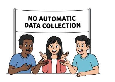 Cheerful students with a banner in the background saying no automatic data collection.