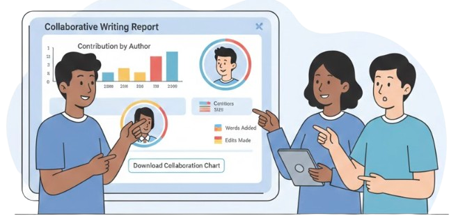 Student group pointing towards collaborative writing report.
